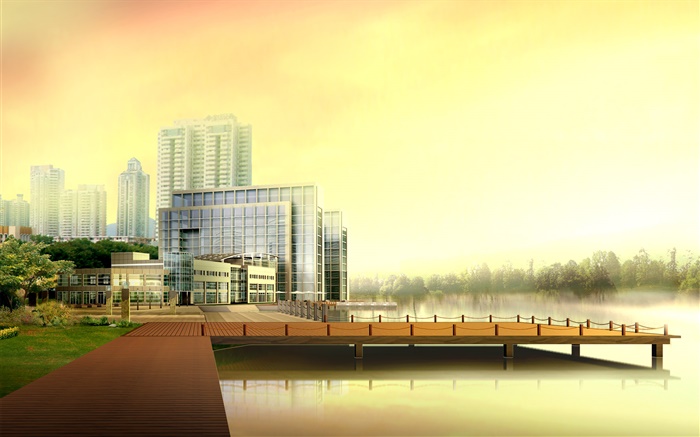 3D 디자인, 도시의 고층 건물, 강, 부두 배경 화면 그림