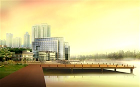 3D 디자인, 도시의 고층 건물, 강, 부두 HD 배경 화면
