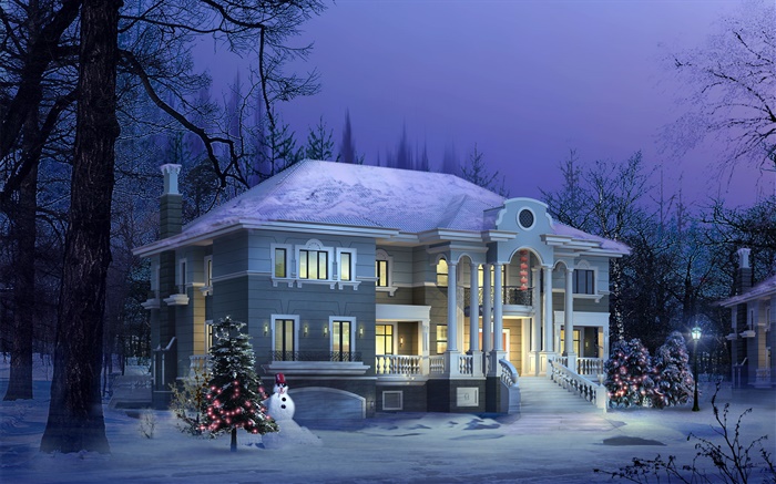 3D 디자인, 겨울 집, 눈, 밤 배경 화면 그림
