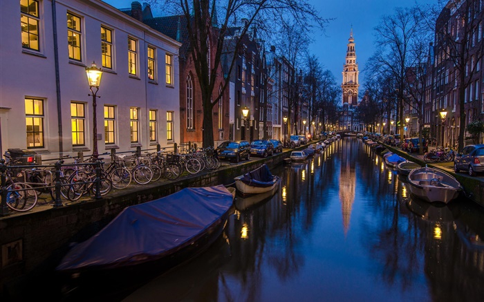 암스테르담, 네덜란드, 밤, 집, 강, 보트, 조명 배경 화면 그림