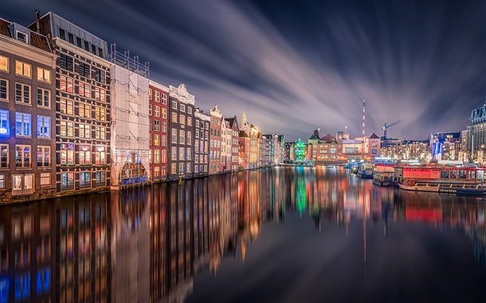 암스테르담, 밤, 조명, 집, 강, 반사 배경 화면 그림