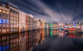 암스테르담, 밤, 조명, 집, 강, 반사 HD 배경 화면