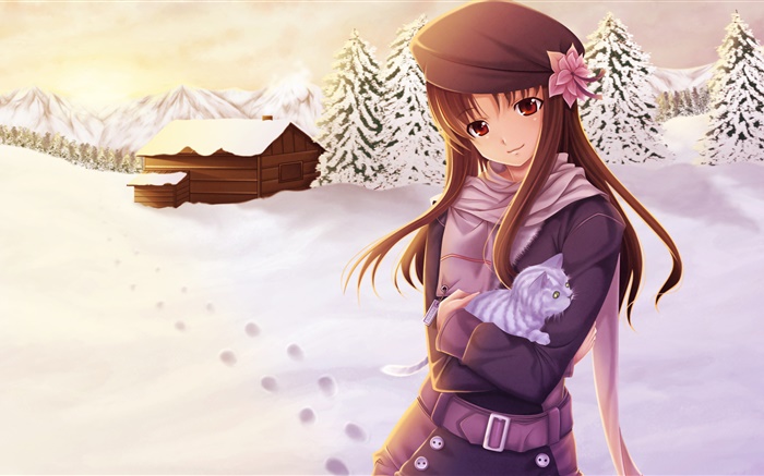겨울에 애니메이션 소녀 배경 화면 그림