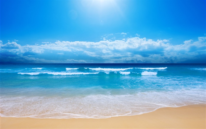 아름다운 해변, 바다, 파도, 파랑, 하늘, 구름 배경 화면 그림