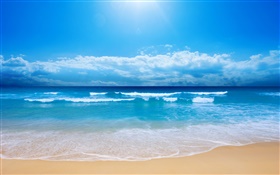 아름다운 해변, 바다, 파도, 파랑, 하늘, 구름 HD 배경 화면