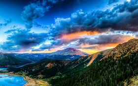 아름 다운 풍경, 산, 호수, 숲, 구름, 일몰 HD 배경 화면