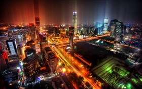 베이징, 중국, 도시, 밤, 조명, 고층 빌딩