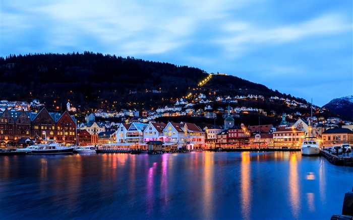 베르겐, 노르웨이, 도시, 밤, 주택, 바다, 보트, 조명 배경 화면 그림