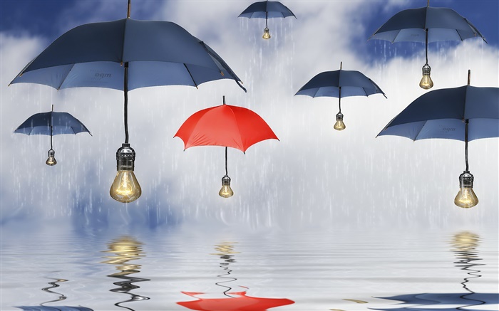 파란색과 빨간색 우산, 비, 물 반사, 창조적 인 사진 배경 화면 그림