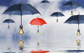 파란색과 빨간색 우산, 비, 물 반사, 창조적 인 사진 HD 배경 화면