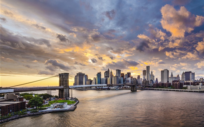 브루클린 다리, 뉴욕시, 맨하탄, 미국, 고층 빌딩, 황혼 배경 화면 그림