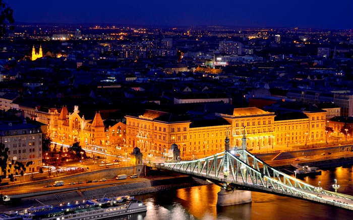 부다페스트, 헝가리, 다뉴브 강, 다리, 건물, 밤, 조명 배경 화면 그림