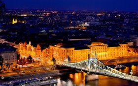 부다페스트, 헝가리, 다뉴브 강, 다리, 건물, 밤, 조명 HD 배경 화면