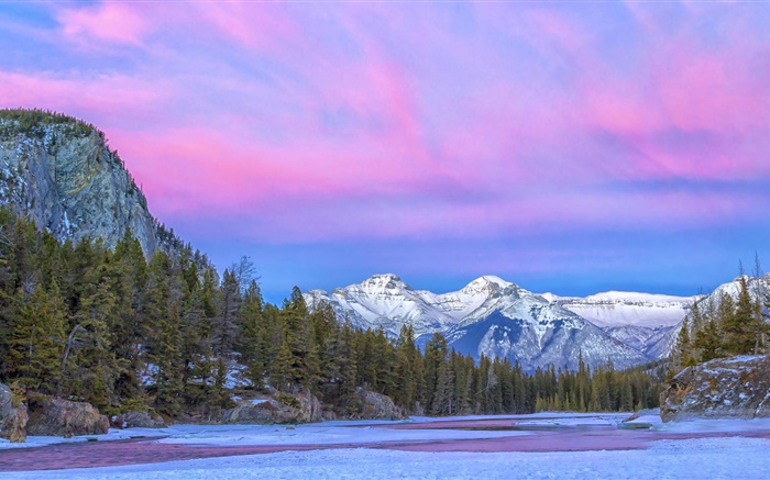 캐나다, 국립 공원, 강, 산, 나무, 구름, 겨울 배경 화면 그림