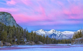 캐나다, 국립 공원, 강, 산, 나무, 구름, 겨울 HD 배경 화면