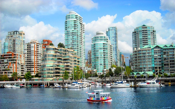 캐나다, 도시, 건물, 주택, 강, 보트 배경 화면 그림
