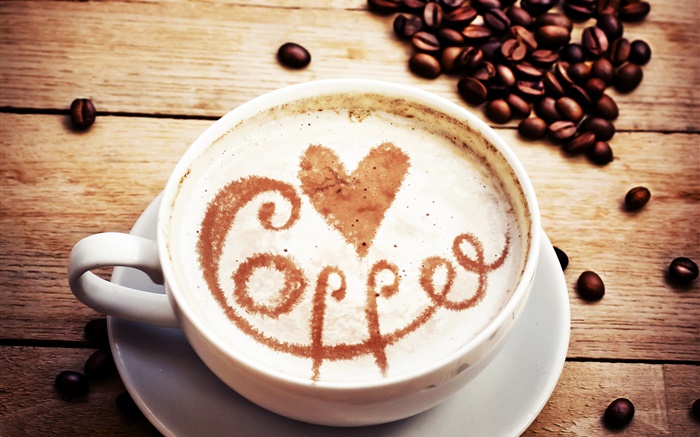 카푸치노 커피, 사랑의 마음, 커피 콩 배경 화면 그림