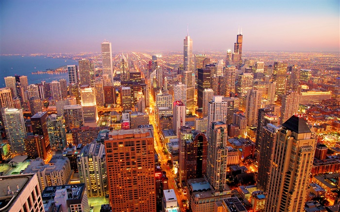 시카고시, 미국, 새벽, 고층 빌딩 배경 화면 그림