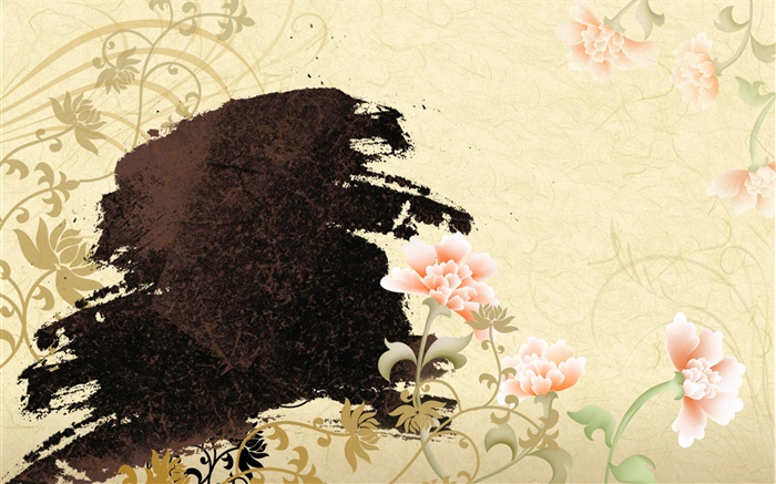 중국어 잉크 아트, 모란 꽃 배경 화면 그림