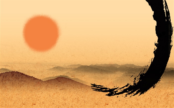 중국어 잉크 아트, 붉은 태양 배경 화면 그림