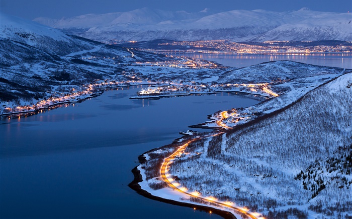 도시의 불빛, 눈, 겨울, 밤, 트롬 소, 노르웨이 배경 화면 그림