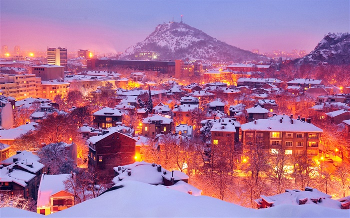 도시, 조명, 겨울, 밤, 눈, 플 로브 디프, 불가리아 배경 화면 그림