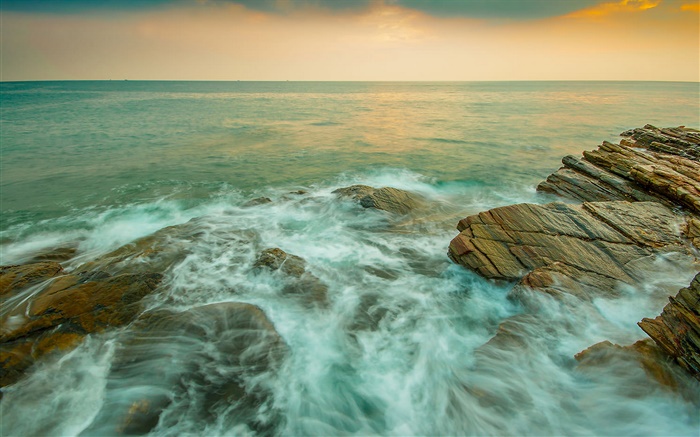 해안, 바다, 돌, 스트림, 황혼 배경 화면 그림