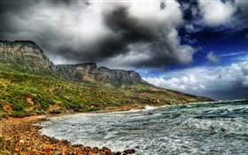 해안, 파도, 산, 기울기, 구름 HD 배경 화면