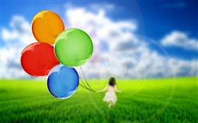 다채로운 풍선, 귀여운 소녀, 잔디, 녹색, 하늘 HD 배경 화면