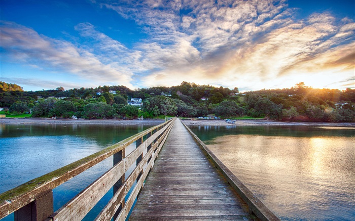 콘월 부두, 나무 다리, 일몰, 마누카 하버, 뉴질랜드 배경 화면 그림