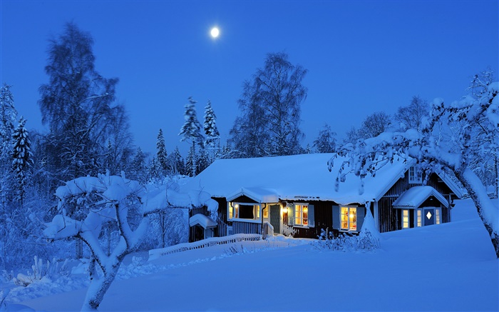 별장, 밤, 겨울, 눈, 달, 달라 르나 (Dalarna), 스웨덴 배경 화면 그림