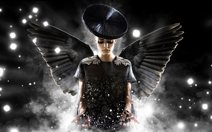 크리 에이 티브 디자인, 천사 소녀, 검은 날개 배경 화면 그림
