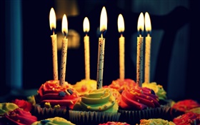 컵 케이크, 크림, 생일, 촛불, 화재 HD 배경 화면
