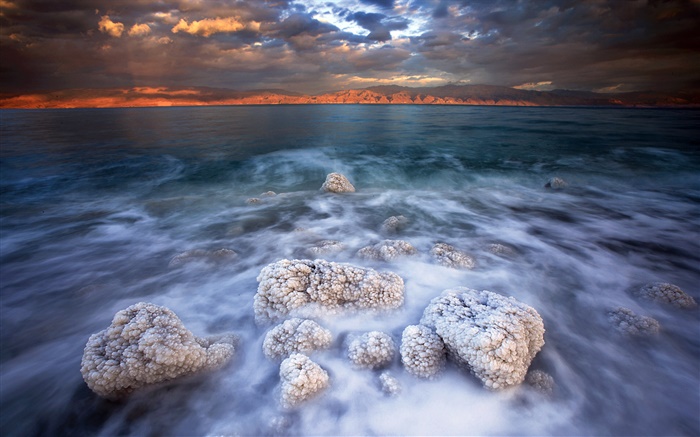 죽은 바다, 소금, 구름, 황혼 배경 화면 그림