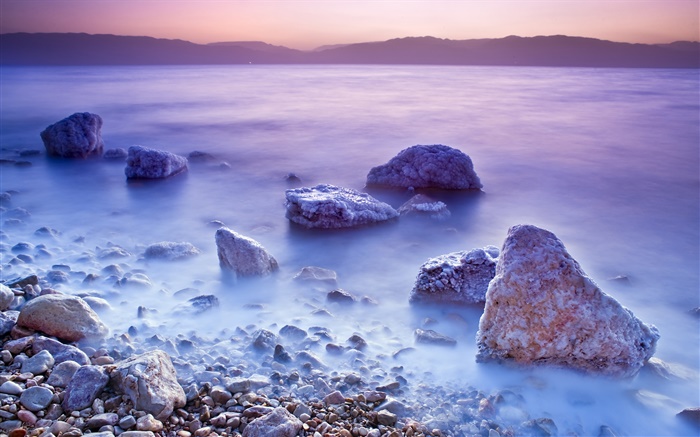 죽은 바다, 일출, 소금, 돌 배경 화면 그림
