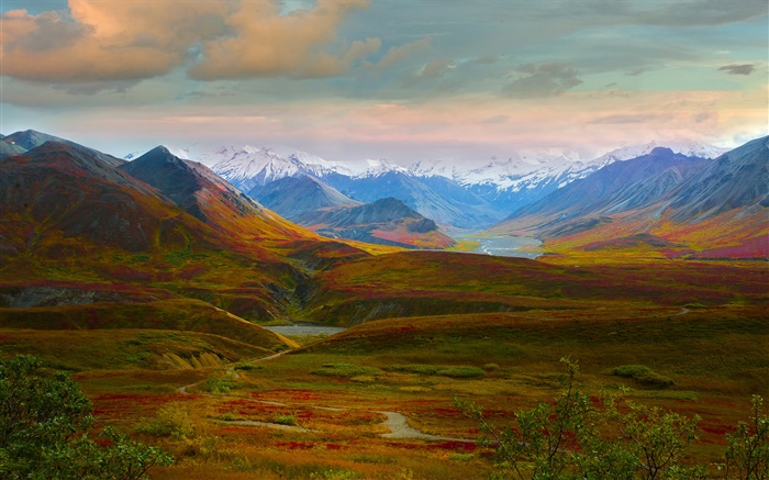 데날리 국립 공원, 알래스카, 미국, 아름다운 풍경, 언덕, 강 배경 화면 그림