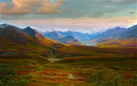 데날리 국립 공원, 알래스카, 미국, 아름다운 풍경, 언덕, 강 HD 배경 화면