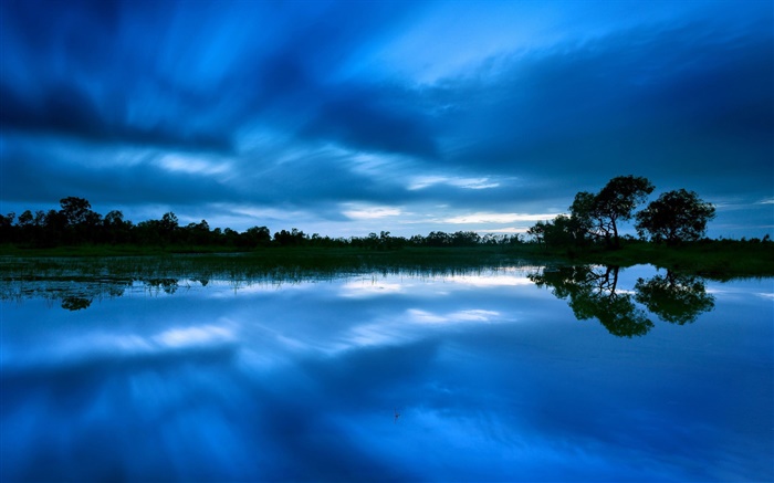 황혼, 호수, 나무, 푸른 하늘, 물 반사 배경 화면 그림