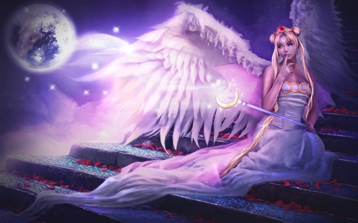 판타지 천사 소녀, 보라색 스타일 배경 화면 그림