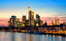 프랑크푸르트, 독일, 도시, 고층 빌딩, 황혼, 일몰, 조명, 강 HD 배경 화면