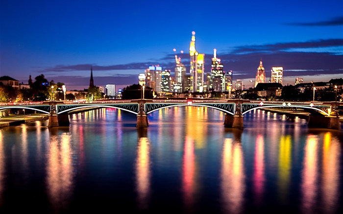 프랑크푸르트, 주요 강, 독일, 도시, 다리, 조명, 밤 배경 화면 그림