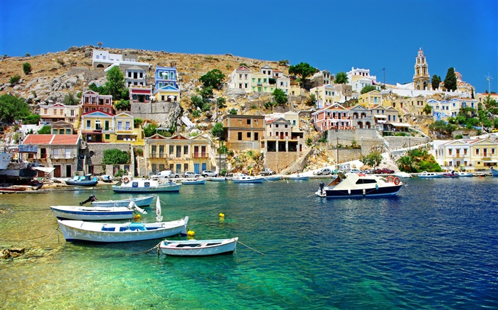 그리스, 주택, 해안, 바다, 보트 배경 화면 그림