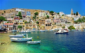 그리스, 주택, 해안, 바다, 보트 HD 배경 화면