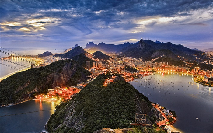 구아 나바라 베이, 도시, 해안, 밤, 조명, 리오 데 자네이로, 브라질 배경 화면 그림