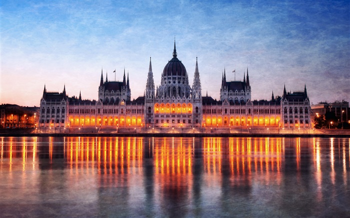 헝가리, 부다페스트, 의회 건물, 밤, 조명, 다뉴브 강, 반사 배경 화면 그림