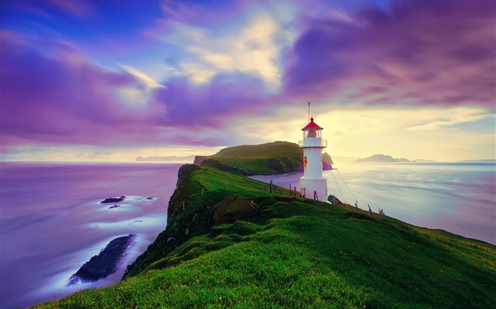 아이슬란드, 페로 제도, 등대, 해안, 황혼, 보라색 하늘 배경 화면 그림