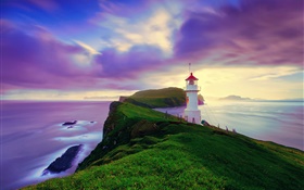 아이슬란드, 페로 제도, 등대, 해안, 황혼, 보라색 하늘 HD 배경 화면