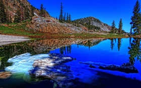 호수, 나무, 산, 얼음, 물 반사 HD 배경 화면