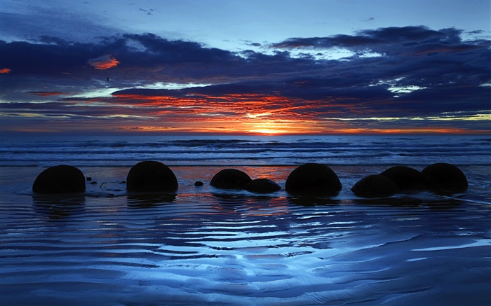 모에 라 키 바위, Koekohe 해변, 바다, 일몰, 사우스 아일랜드, 뉴질랜드 배경 화면 그림