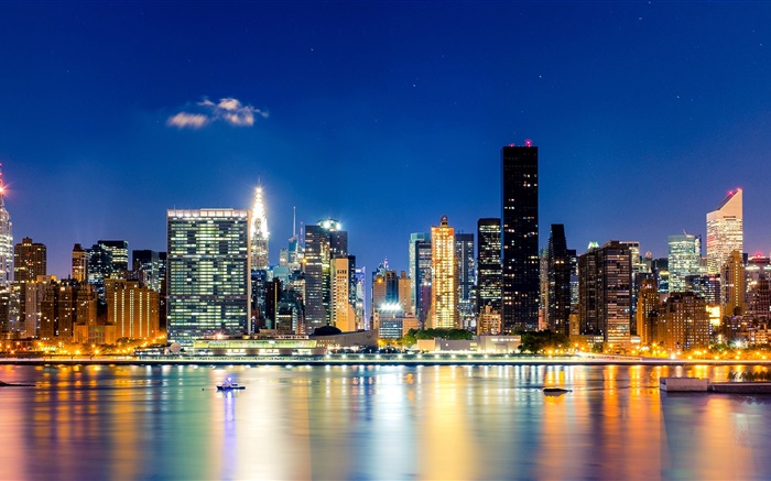 뉴욕시, 맨하탄, 미국, 밤, 고층 빌딩, 조명, 바다 배경 화면 그림
